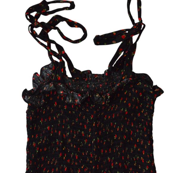 Free People Bella Black Floral Print Smocked Tie- Strap Bodycon Mini Dress Small - Picture 9 of 9